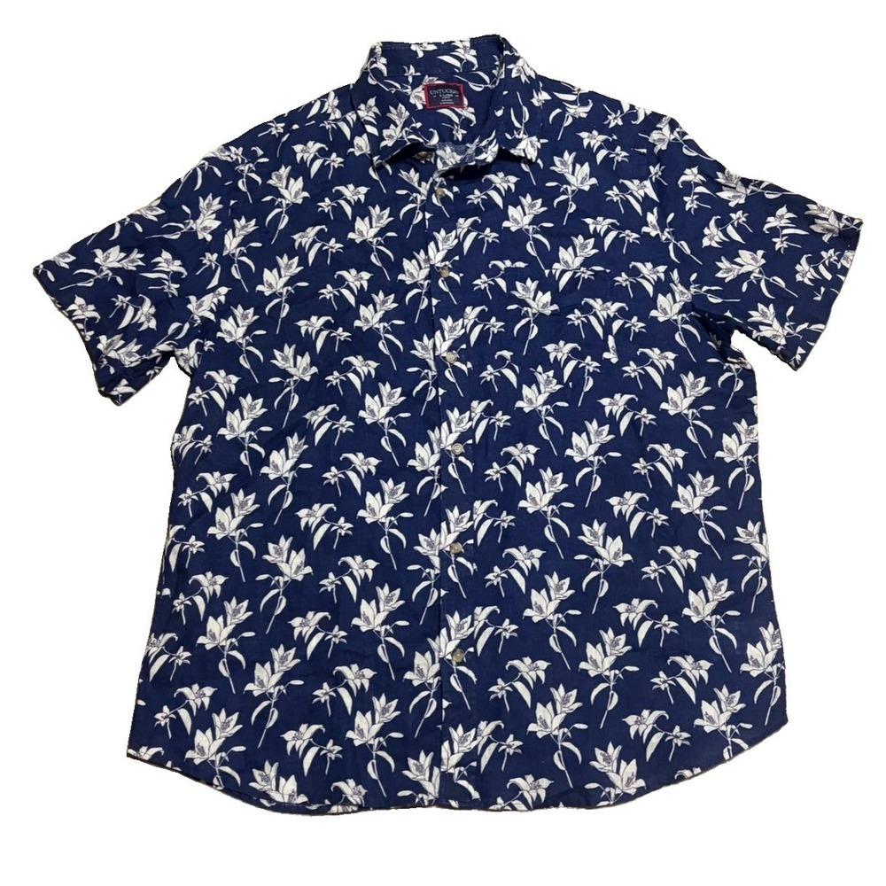 Untuckit Mens XL Parrina 100% Linen Floral Lilly Button Up Beach Woven Blue